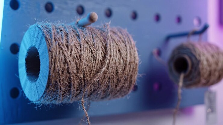Close-up of Twine Spools on a Blue Wall with Neon Accents Highlighting the Texture and Details of the Natural Fiber Threading for Crafting Purposes