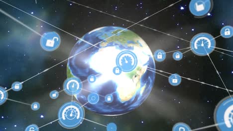 animación de una red de iconos digitales sobre un globo giratorio contra el espacio