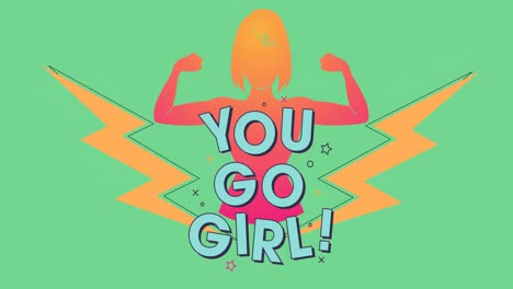 Animación-Del-Texto-&quot;You-Go-Girl&quot;-En-Un-ícono-De-Mujer-Fuerte,-Sobre-Un-Rayo