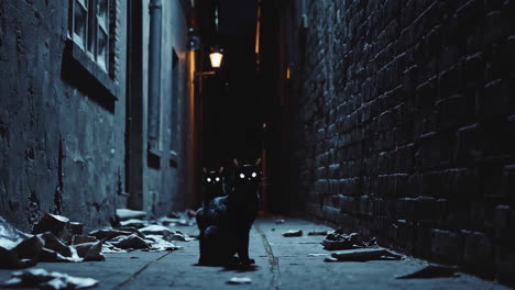 black cats in a dark alley at night