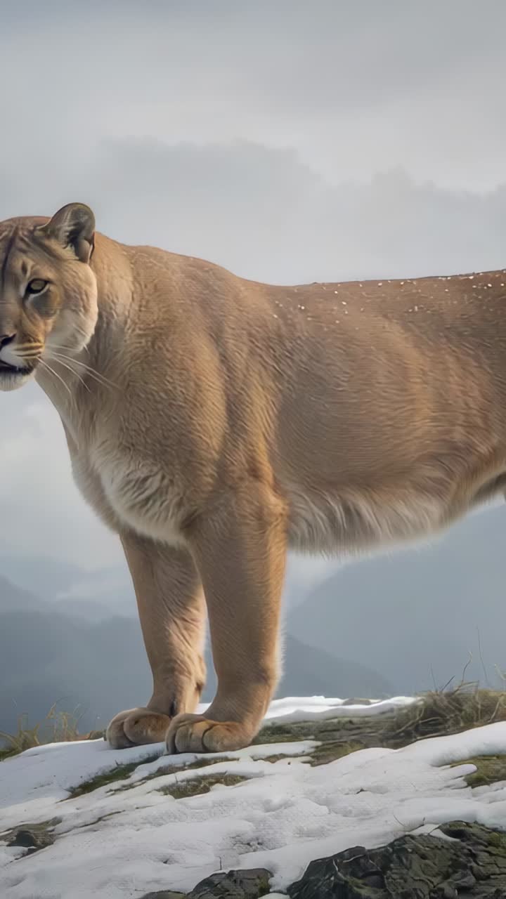 Vídeo vertical: Primer plano de un puma girando la cabeza sobre un afloramiento rocoso nevado, examinando crestas brumosas