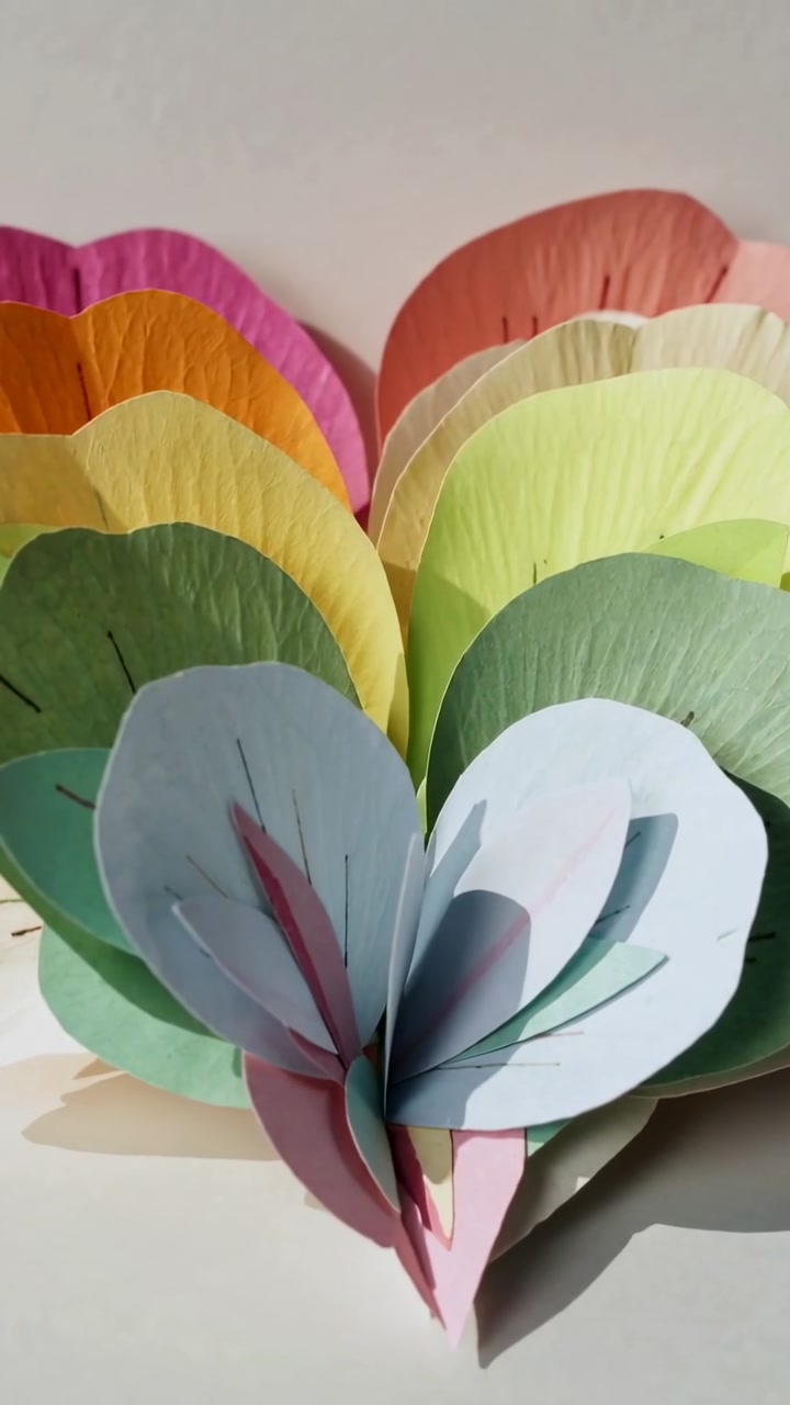Camera shifting up right revealing handcrafted paper fan layers casting deeper shadows for design