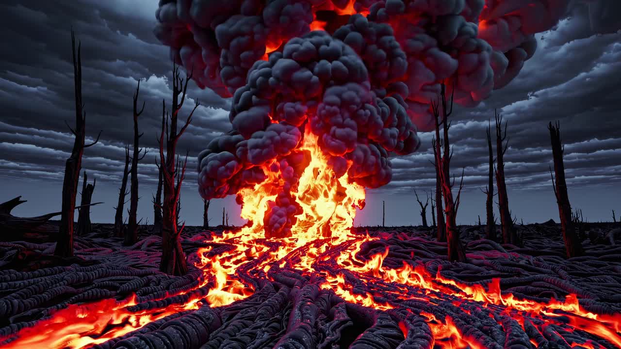Aerial view of a surreal, apocalyptic landscape with fiery lava flows and dark clouds
