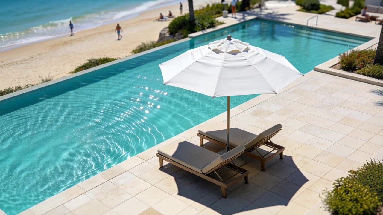 Showing chairs on beach deck under shade casting shifting shadow as sun causing ripples on pool