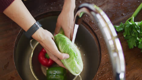 manos de una mujer caucásica embarazada lavando verduras en la cocina