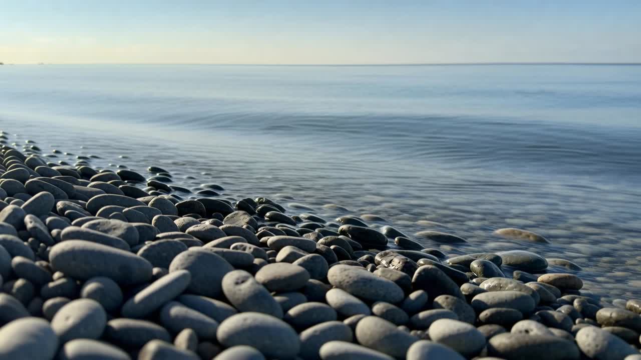 Mareggiata che spinge la risacca bassa attraverso la costa coperta di ciottoli, lasciando schiuma bianca.