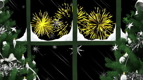 Animation-of-window-with-christmas-trees-and-fireworks-exploding-in-night-sky