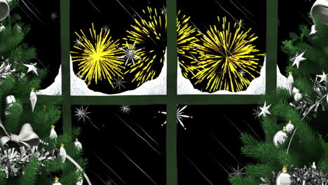 animación de una ventana con árboles de navidad y fuegos artificiales explotando en el cielo nocturno