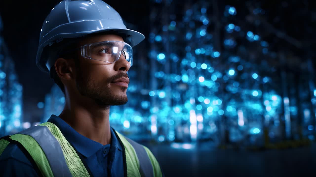 Focused Professional in Safety Gear Contemplating Future Opportunities in a High-Tech Warehouse Environment Surrounded by Advanced Technology and Lighting