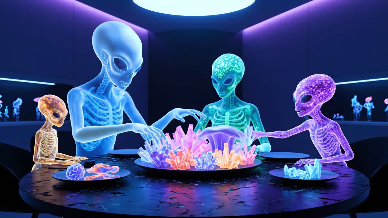 A Gathering of Alien Skeletons at a Futuristic Feast