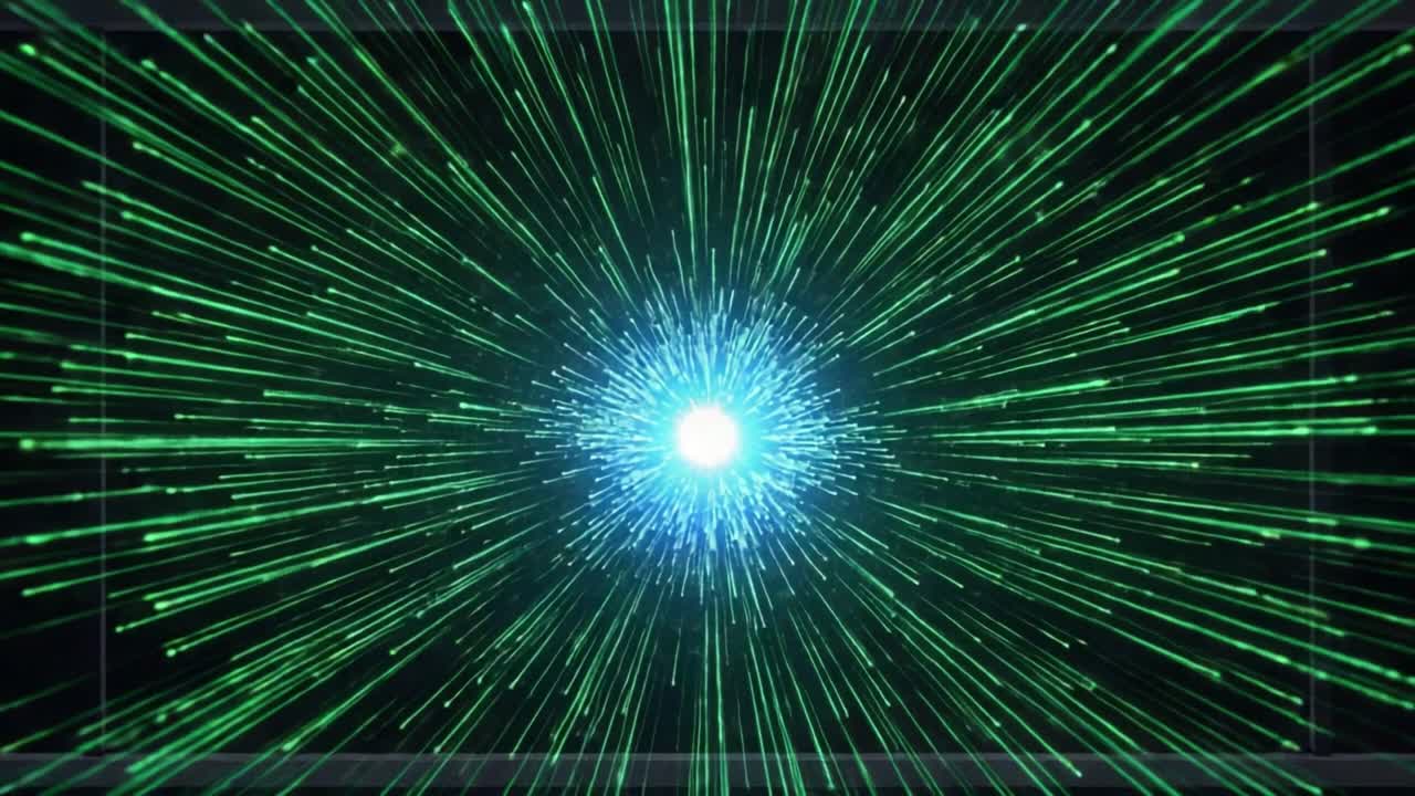 Dynamic Burst of Light Rays: An Explosive Display of Graphic Visuals Creating an Immersive Experience of Green Laser Streams Radiating from a Central Source