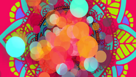 animation of rainbow dots over colorful rotating mandalas