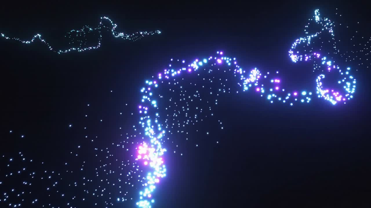 Following particle ribbon traveling through dark void, node brightening and releasing radial burst