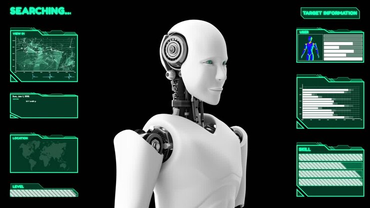 Robot futuristico, intelligenza artificiale CGI analisi e programmazione di big data