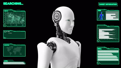 Futuristic robot, artificial intelligence CGI big data analytics and programming