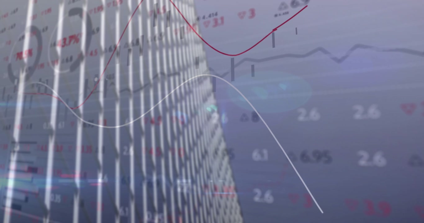 Animation of financial data processing over cityscape