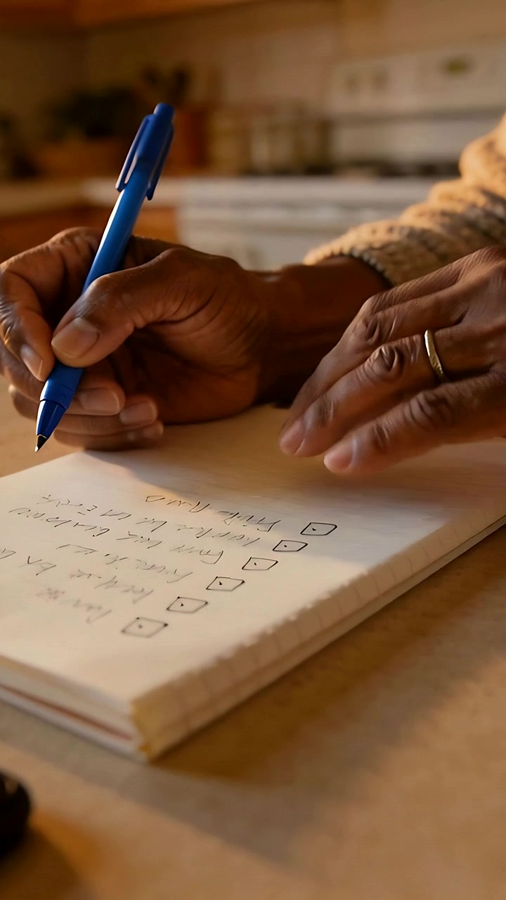 Vertical video: Checking hands wearing knit marking notepad on kitchen counter blue pen and ring