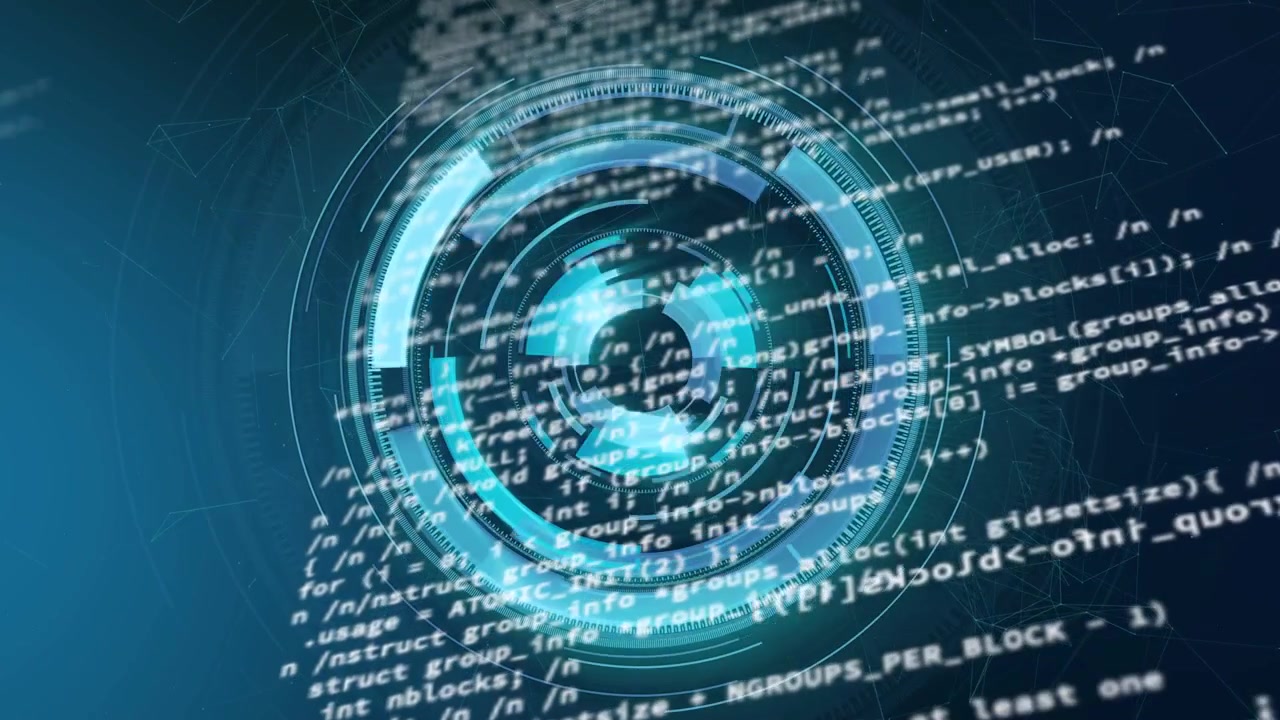 Kode vises øverst til højre og aktiverer et ringformet HUD, ringe samles og pulserer, visualiserer data.