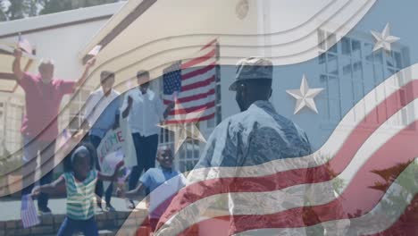 animation of flag of united states of america waving over african american family welcoming soldier