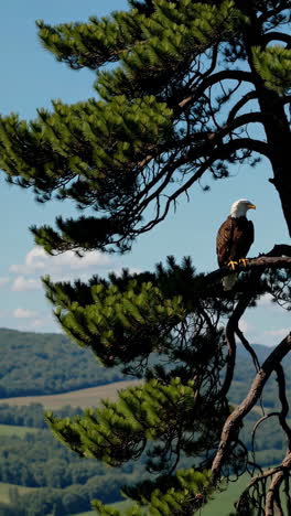 bald eagle perched in a pine tree