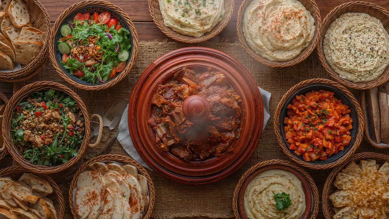Merespons panas sisa, panci tagine tanah liat tertutup melepaskan uap di meja yang diisi roti dan saus cocol.