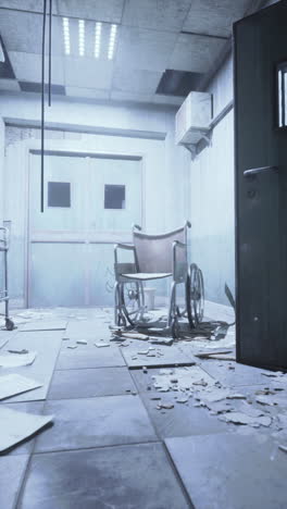 abandoned hospital room with a wheelchair