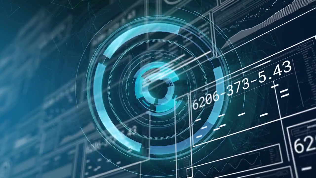 Nucleo olografico che emerge su una griglia profonda, anelli che accelerano e poi si stabilizzano mentre i riquadri di dati si aggiornano per la tecnologia.