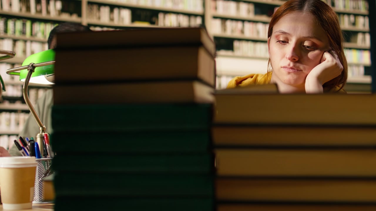 Young woman tired of reading books from tall stack at quiet library table