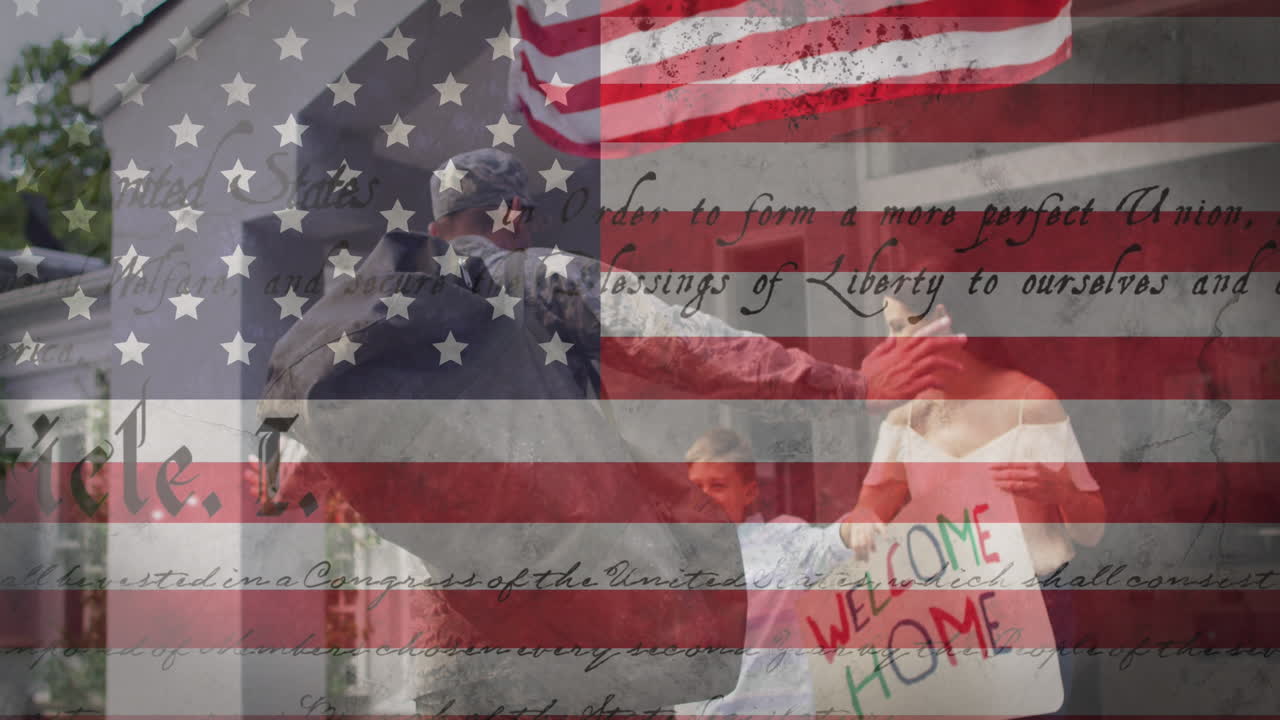 Animation of flag of united states of america over male soldier with coming back home to his family
