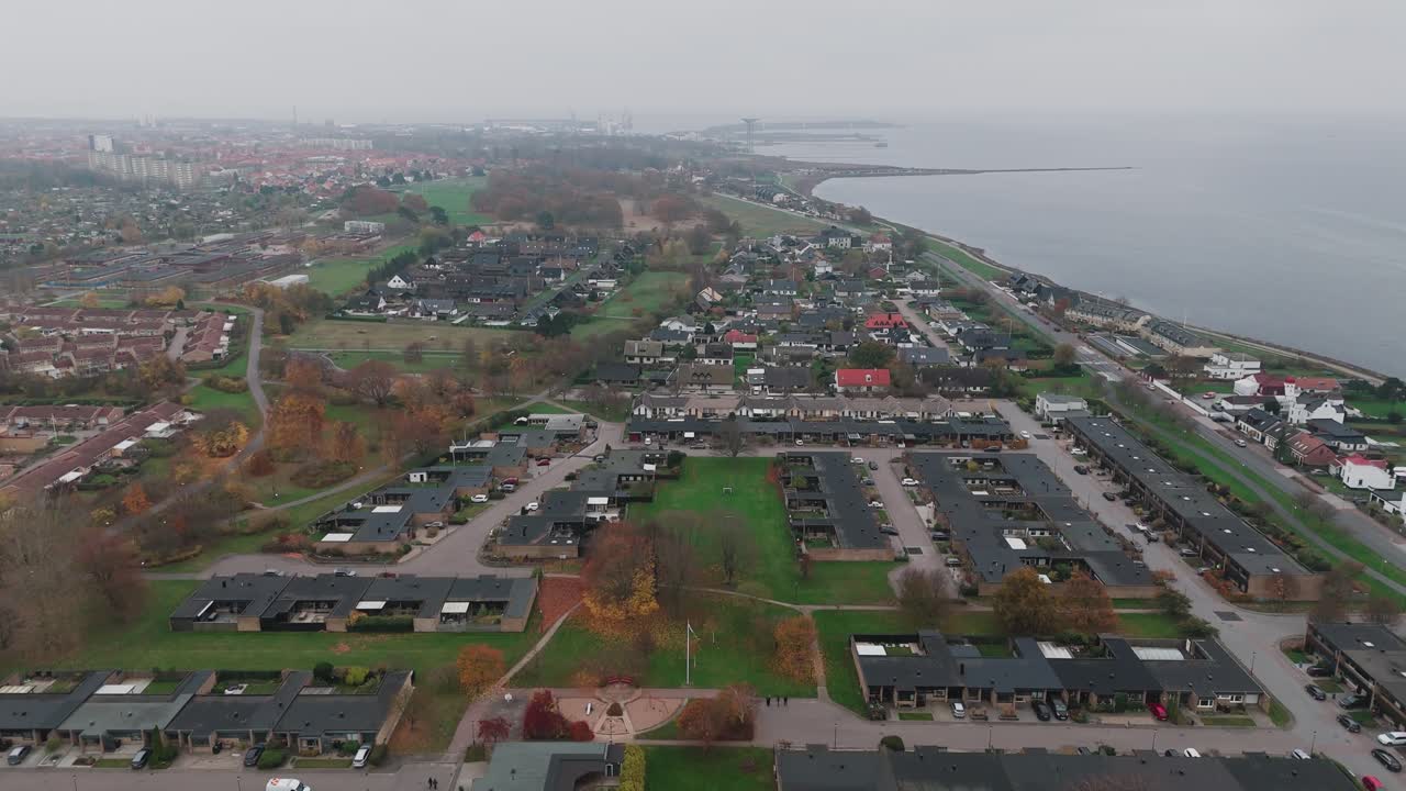 Aerial view of the town Landskrona in South Sweden Skåne, autumn, cloudy, near Malmö
