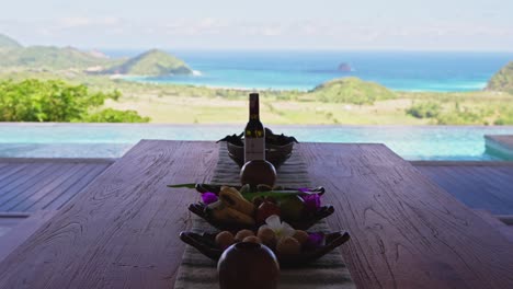 gourmet local fruit platter on the private villa dining table at luxury resort in lombok indonesia