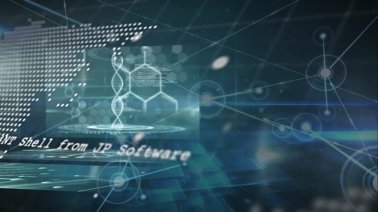 연결 네트워크의 애니메이션, 세계 지도 및 데이터 처리와 함께 화면 위에 회전하는 지구