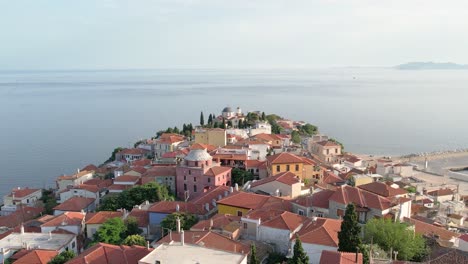 Kavala-Greece-Panagia-Old-City,-Aerial-Dolly-Shot-of-Inside-Fortress-and-Aegean-Sea