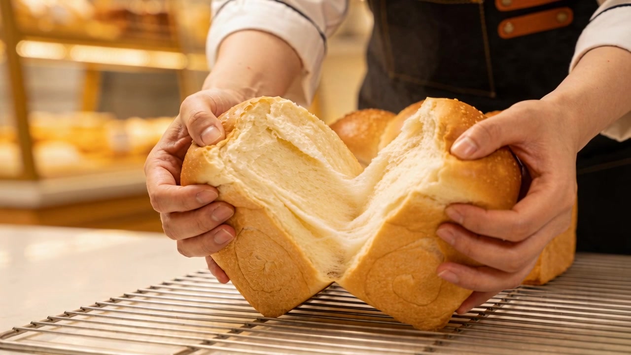 Pulling loaf cooling on metal rack in bakery, baker with white-sleeves dark-apron showing crumb