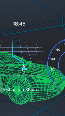 animation of speedometer, gps and charge status data on vehicle interface, over 3d car model