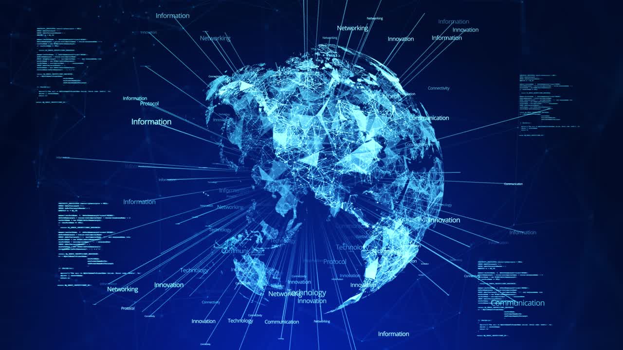 Animation of globe rotating earth with connections and social media interfaces futuristic world with