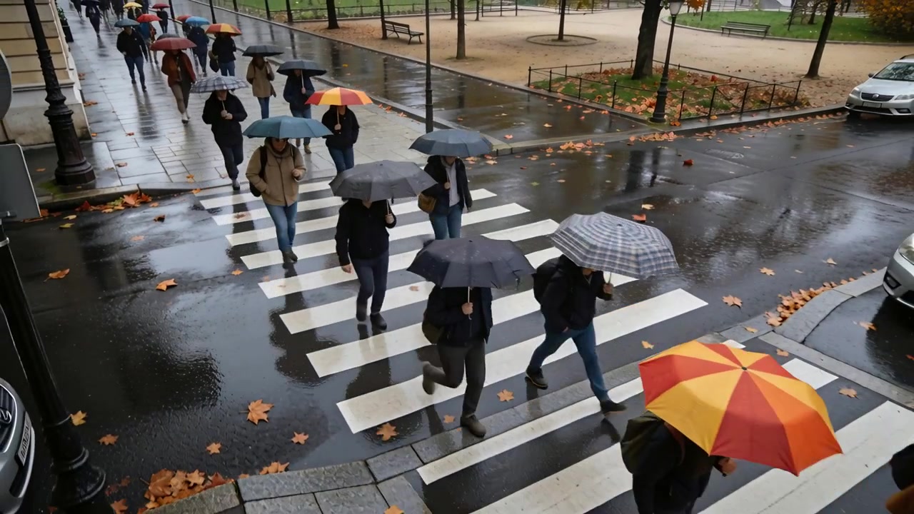Walking commuters crossing wet zebra crosswalk after cars pausing holding umbrellas