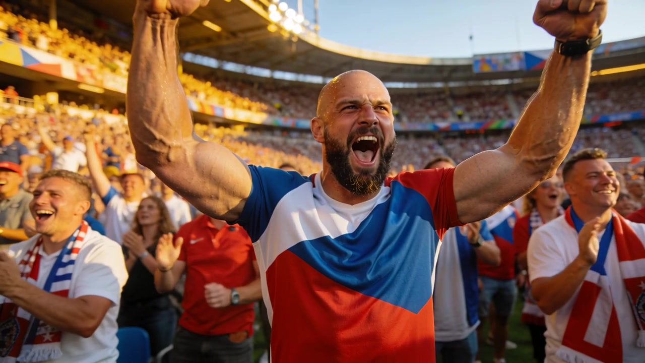 Hombre calvo animando, levantando los puños y gritando después de un gol en el estadio, vistiendo la camiseta del equipo