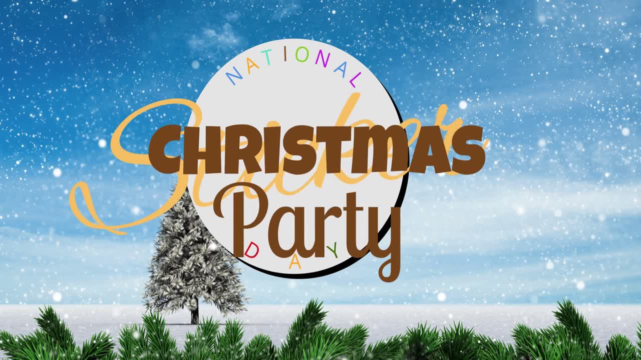 Animasjon av snø som faller over tekstbanneret «nasjonal julefest» mot vinterlandskap