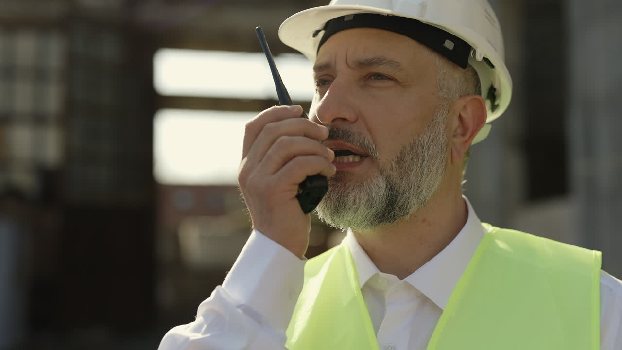 Construction worker communicating on a walkie-talkie at a construction site