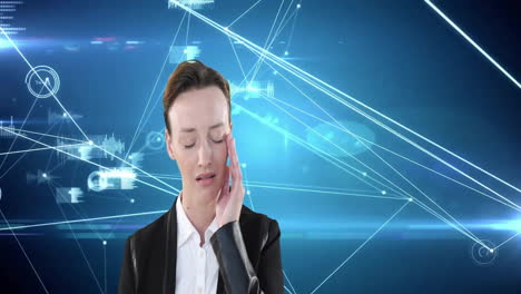 Yawning businesswoman with digital network connections and data visualization in office