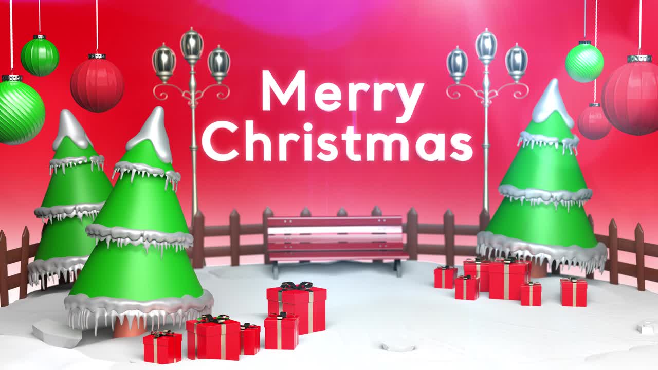 빨간색 cyc에 크리스마스, 노엘 트리 및 빨간색 선물 상자가 있는 메리 크리스마스 장면