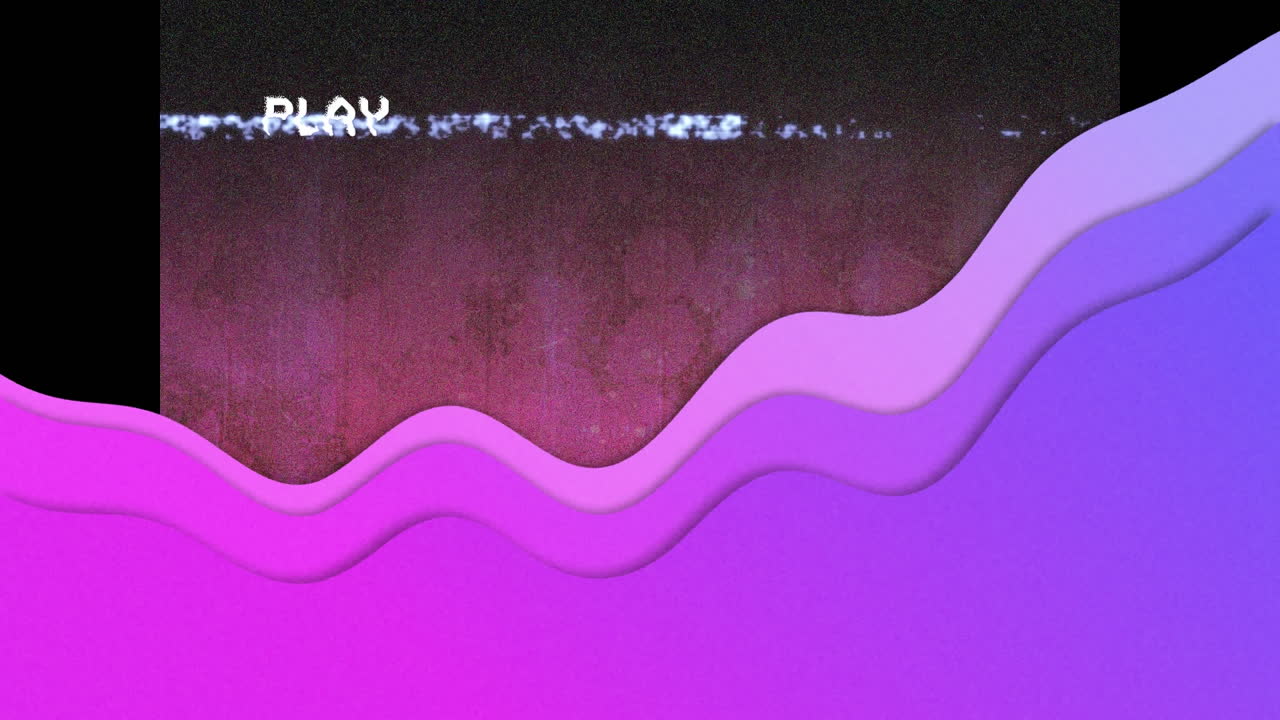 Animation of purple wave, play digital interface and data processing on screen with glitch