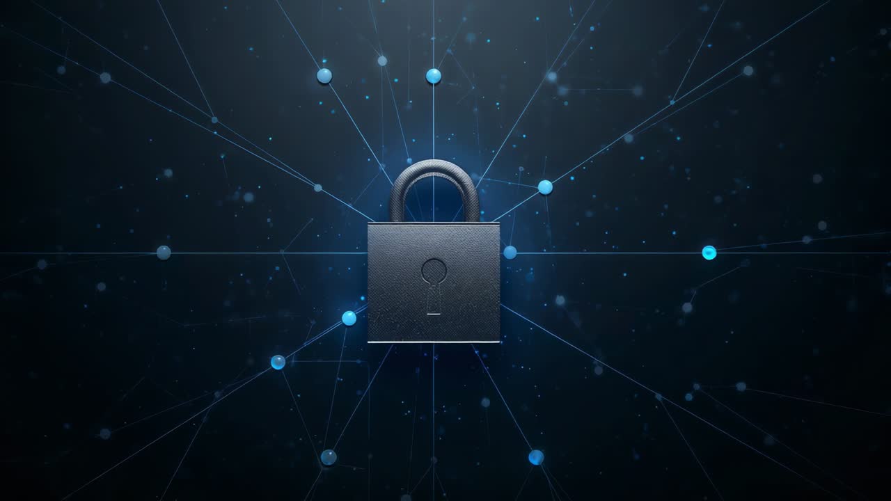 Zooming cam on lock in network showing keyhole while nodes brightening, fog drifting, securing data