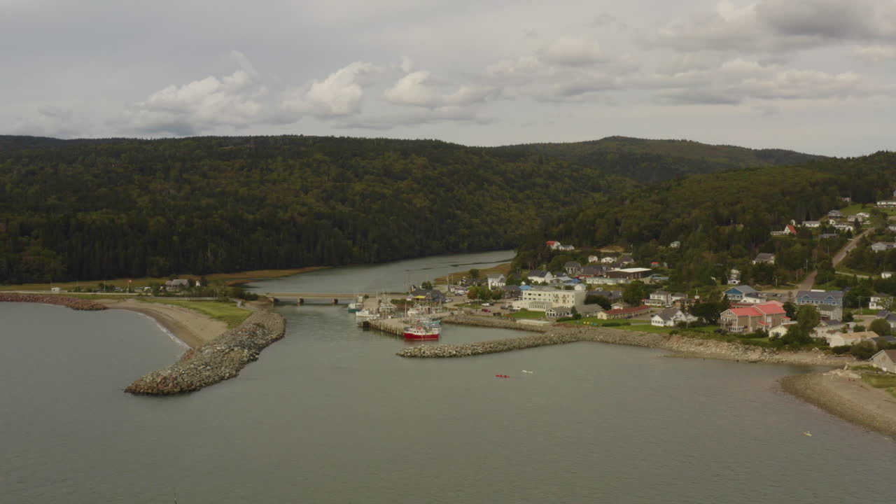 Aerial view of the coastal town of Alma, New Brunswick along the Bay of Fundy, home to the highest tides in the world