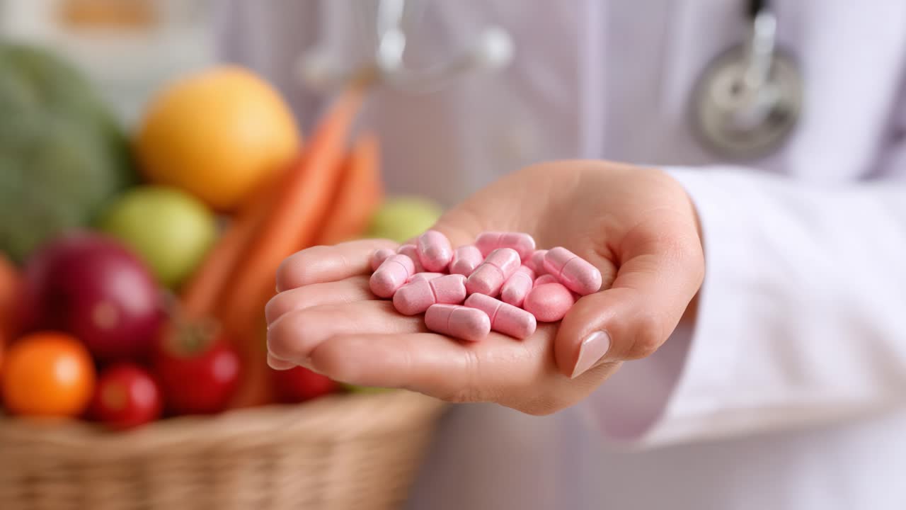 A Doctor's Hand Holds Pink Pills Amidst a Colorful Selection of Fresh Fruits and Vegetables, Illustrating the Intersection of Nutrition and Medicine