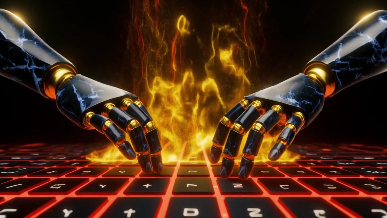 Robothænder taster på et glødende digitalt tastatur med ildeffekter