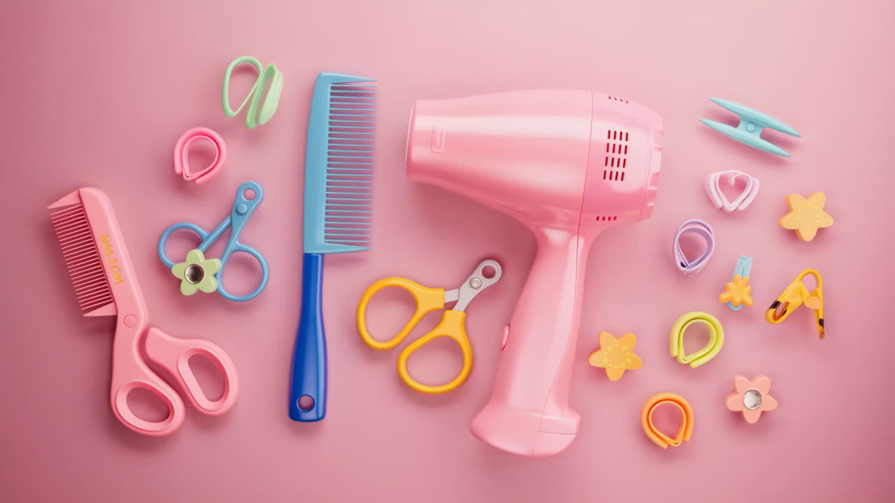 Colorful Toy Hair Styling Tools and Accessories on Pink Background