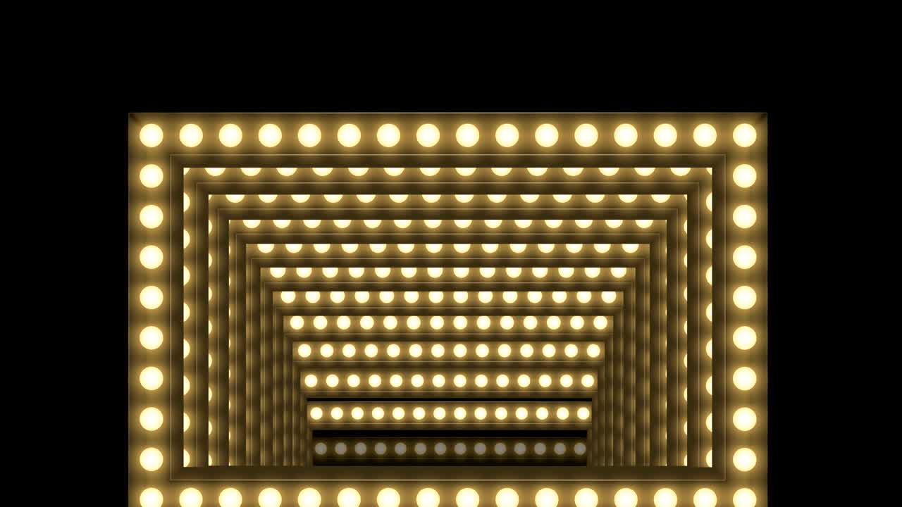 cuadro de caja de bombilla incandescente de túnel forma rectángulo patrón móvil, retro 3d estilo virtual ilustración brillo en fondo oscuro animación de bucle sin costuras 4k, con espacio de copia