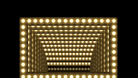 tunnel incandescent light bulb box frame rectangle shape moving pattern, retro 3d virtual style illustration glow in dark background seamless looping animation 4k, with copy space